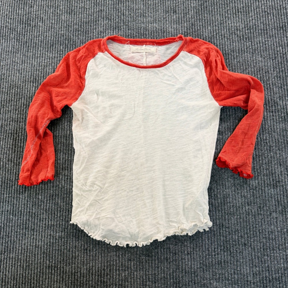 We The Free Free People Baseball Raglan T Shirt XS White Red Lettuce Edge Slub